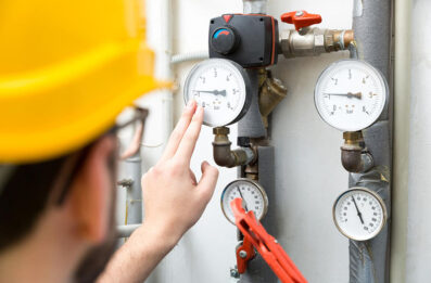 maintenance - technician checking pressure meters for house heating system Boiler Service